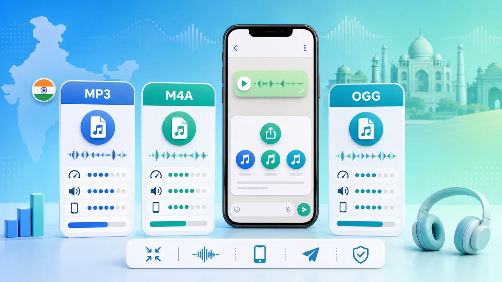 Cover image comparing MP3, M4A, and OGG for WhatsApp-style audio sharing with a phone-centered mobile delivery visual.