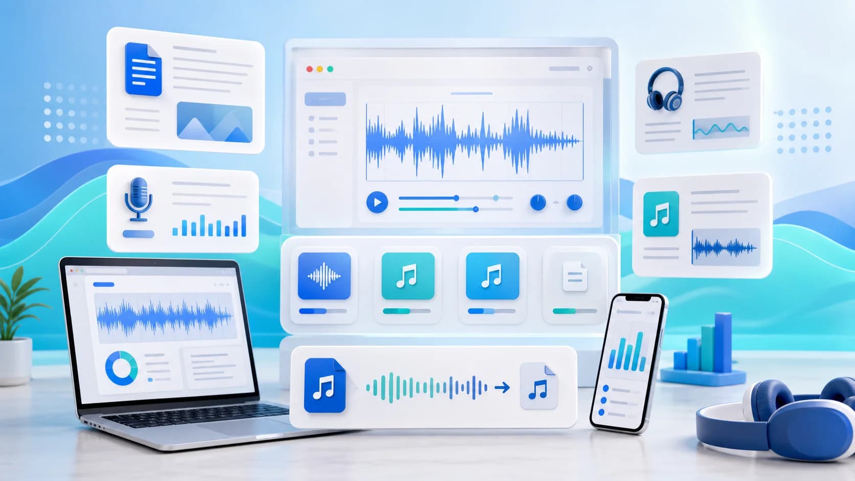 Editorial illustration for the AudioCompressor.in blog hub showing audio guides, comparison cards, waveform visuals, and learning-focused workflow elements.