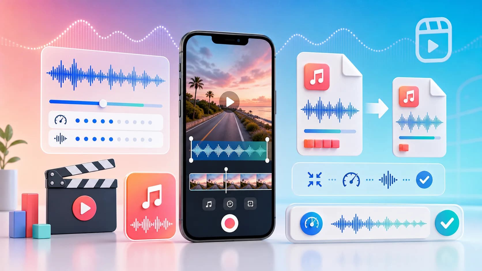Cover image for an Instagram audio compression guide showing a short-form video workflow, smartphone framing, and optimized audio delivery.