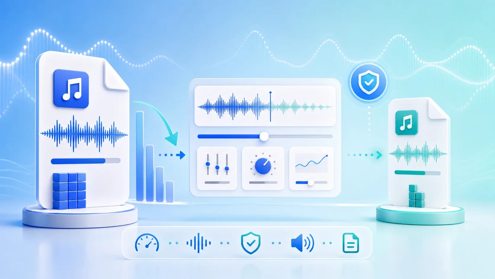Cover image for a guide about reducing audio file size, showing a large source file transformed into a smaller optimized file while preserving waveform clarity.