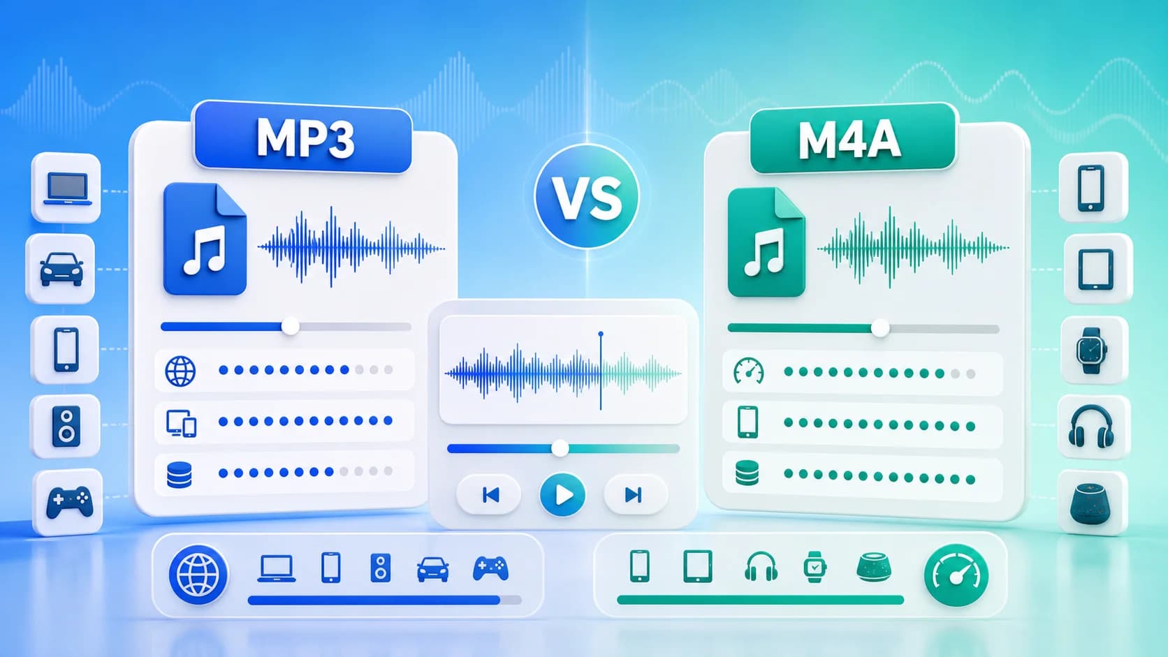 Split comparison cover image contrasting MP3 and M4A with balanced format panels and an audio workflow comparison layout.