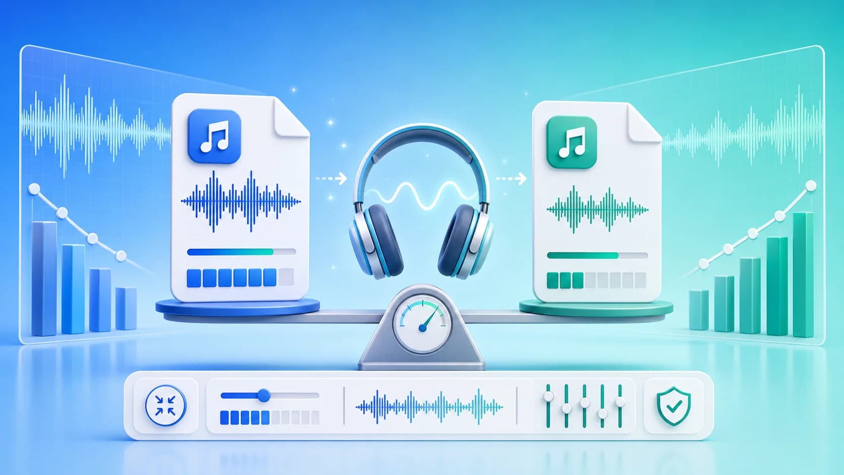 Cover image for a guide about compressing audio without losing quality, showing a smaller file and a clear preserved waveform.