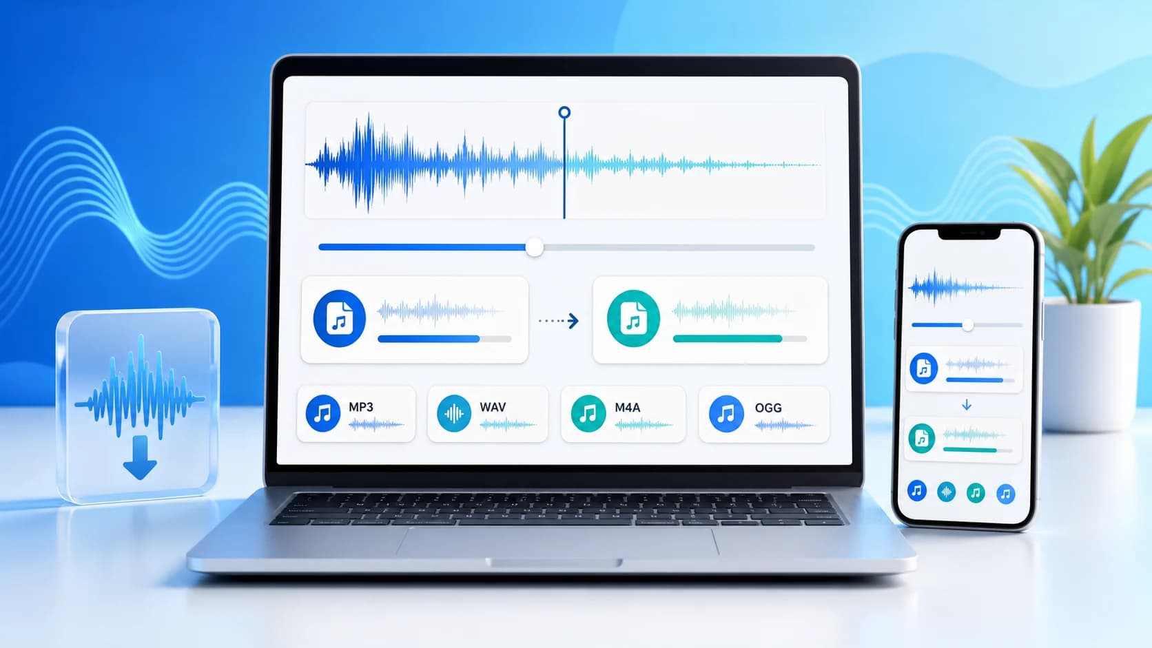 Homepage illustration showing an online audio compressor interface with waveform, format options, and mobile-friendly file reduction workflow.
