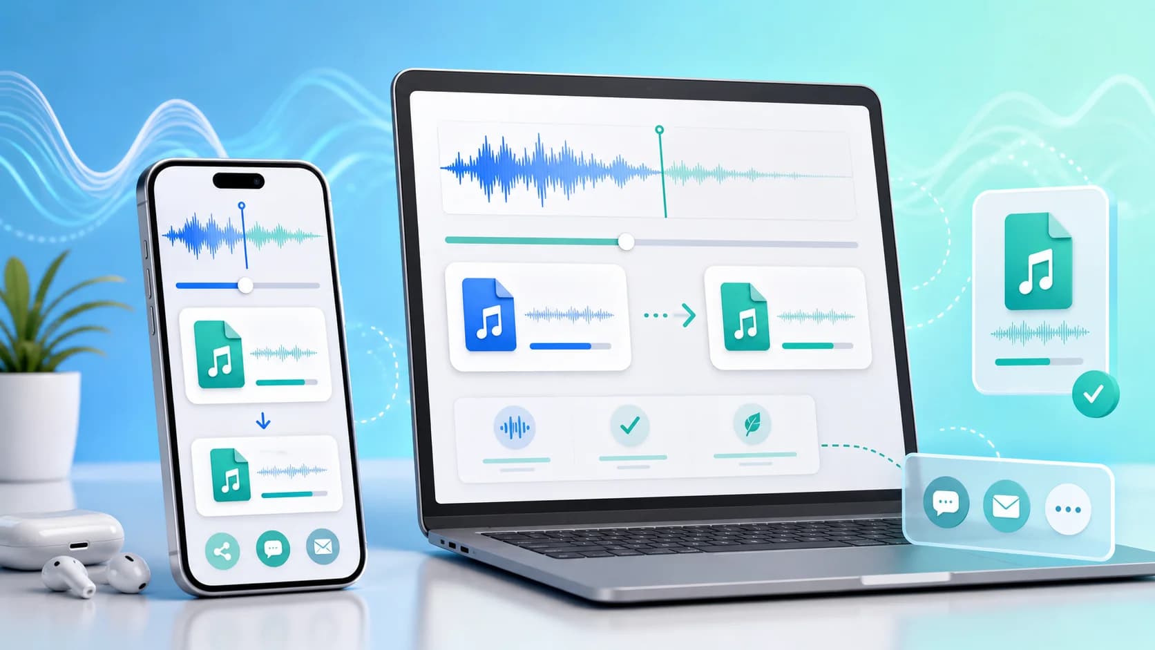 Mobile-first M4A compressor illustration with phone and laptop devices, compact audio file cards, and efficient modern sharing workflow.