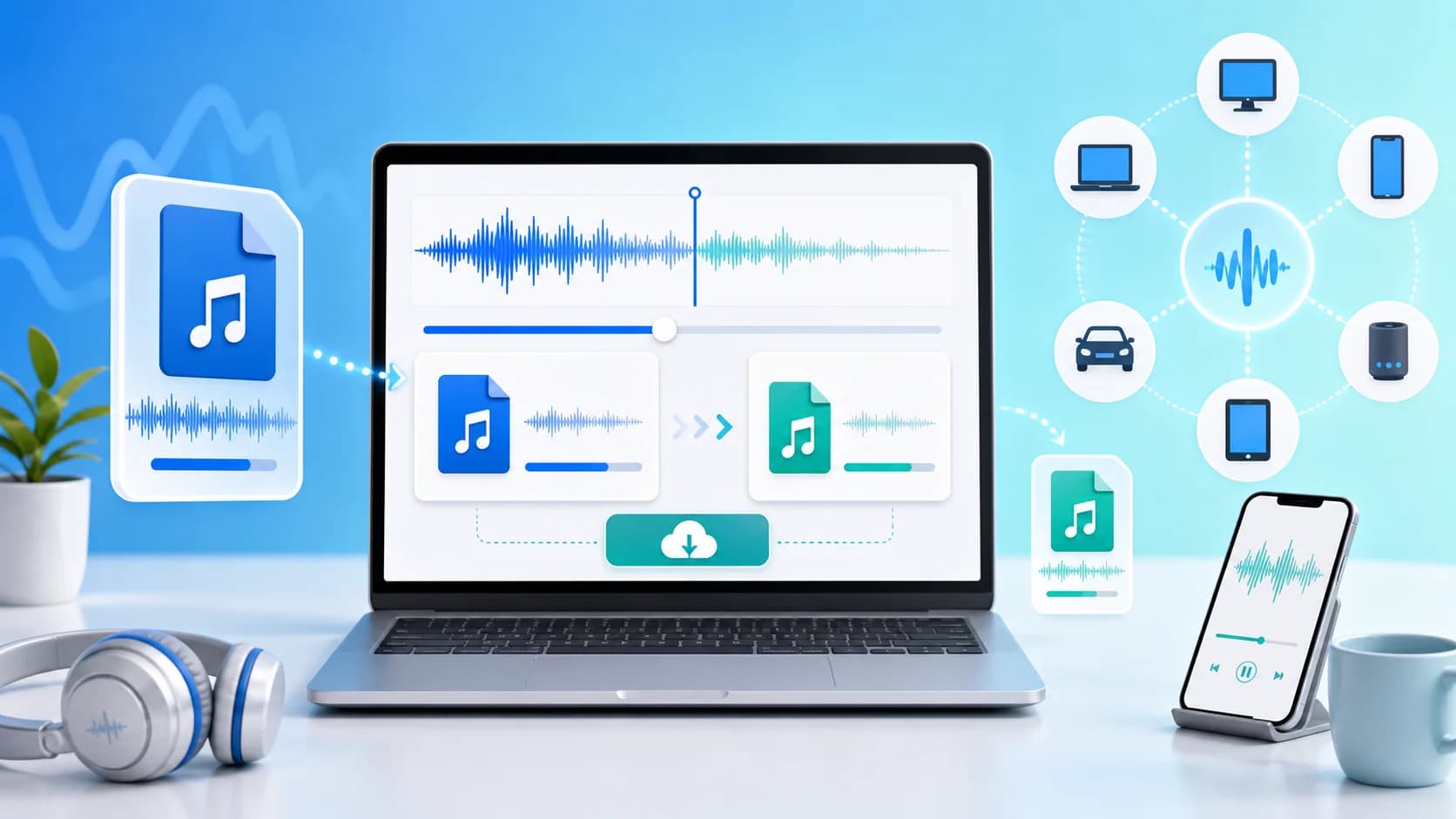 Editorial illustration showing MP3 file compression with a smaller output file and compatibility-focused delivery workflow across multiple devices.