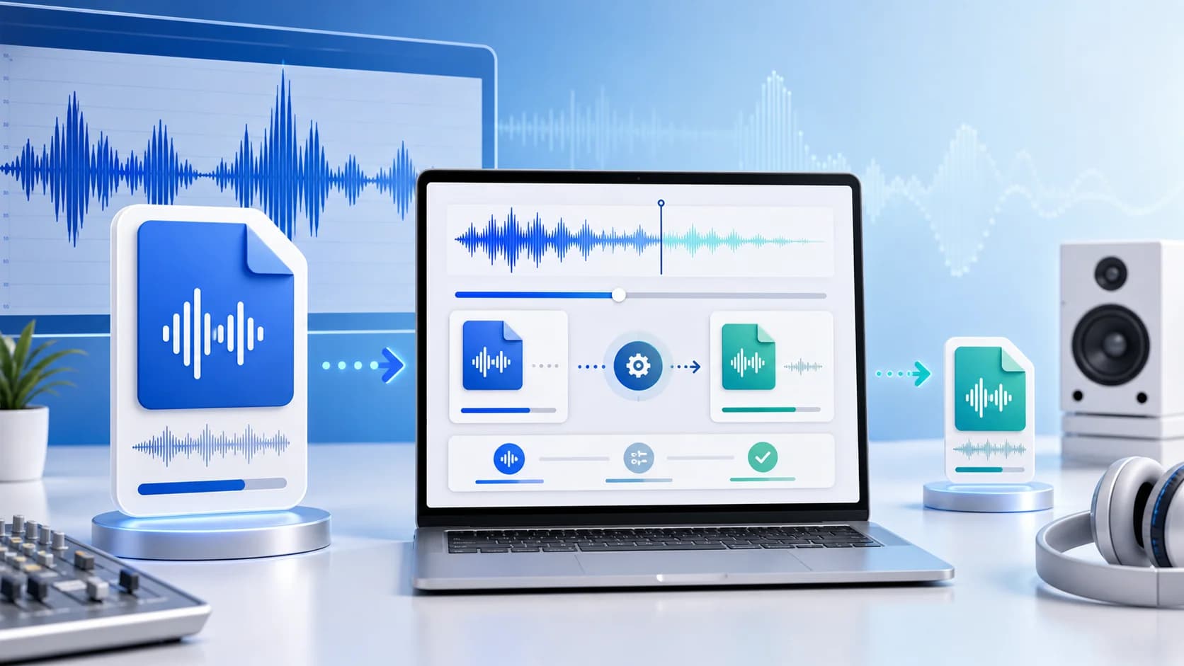 WAV compressor illustration showing a large raw audio file transforming into a smaller delivery-ready file through a browser-based compression interface.